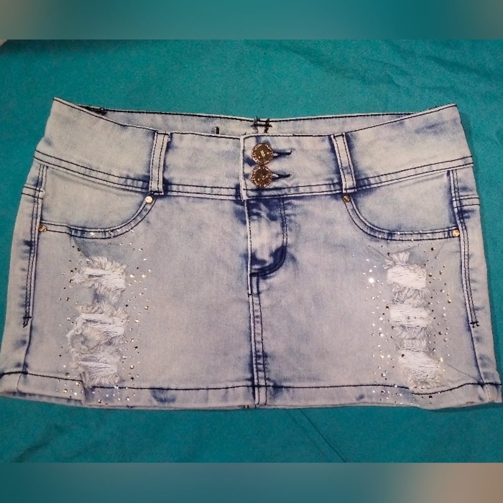 bacci Denim Mini Skirt with Distressed Details